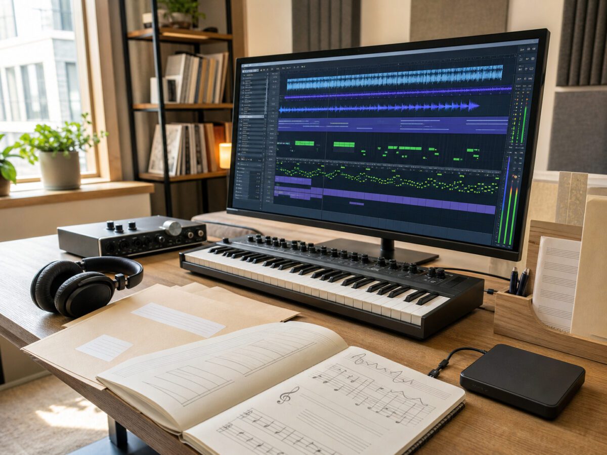 DAW 프로젝트 파일과 MIDI, 악보, 가사 초안, 버전별 음원으로 AI 음악의 창작 과정을 기록한 작업 화면