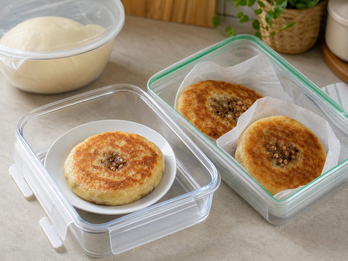 생반죽과 구운 호떡을 나누고 시판 냉동 호떡은 포장 안내에 따라 보관하는 모습