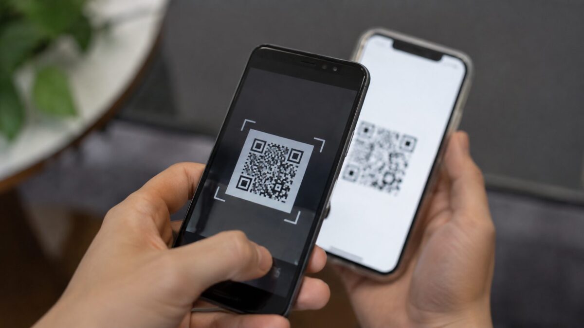 아이폰에 표시된 와이파이 QR 코드를 갤럭시 카메라로 스캔해 비밀번호를 공유하는 모습