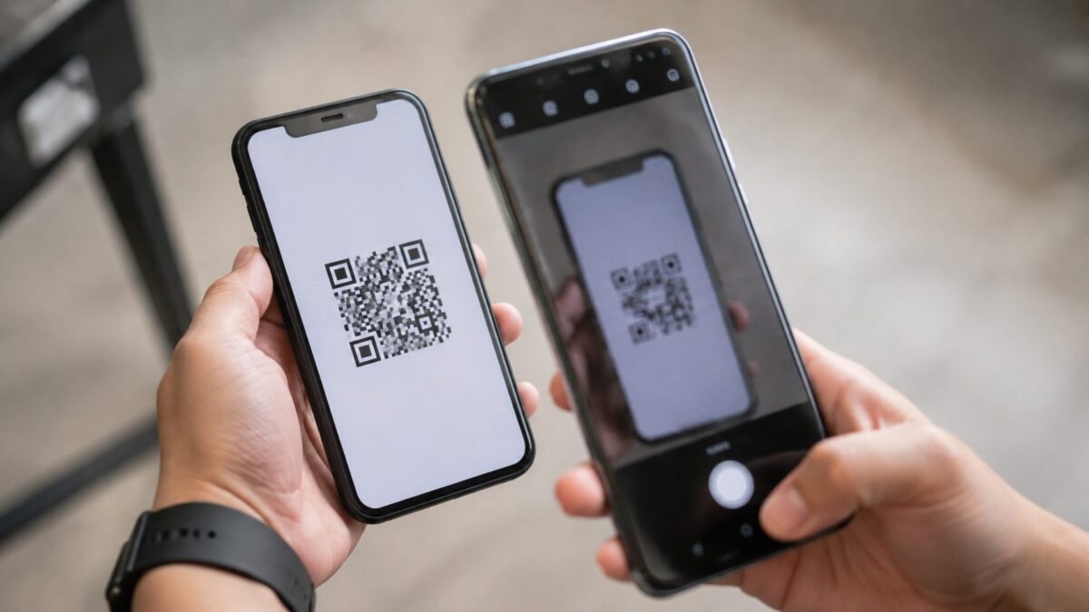 갤럭시 와이파이 설정과 카메라로 아이폰 화면의 와이파이 QR 코드를 스캔하는 모습
