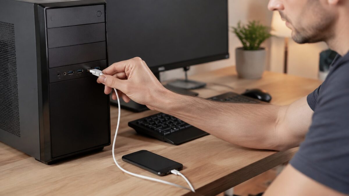 충전은 되지만 USB 알림이 없을 때 데이터 전송용 케이블과 다른 USB 포트를 시험하는 모습